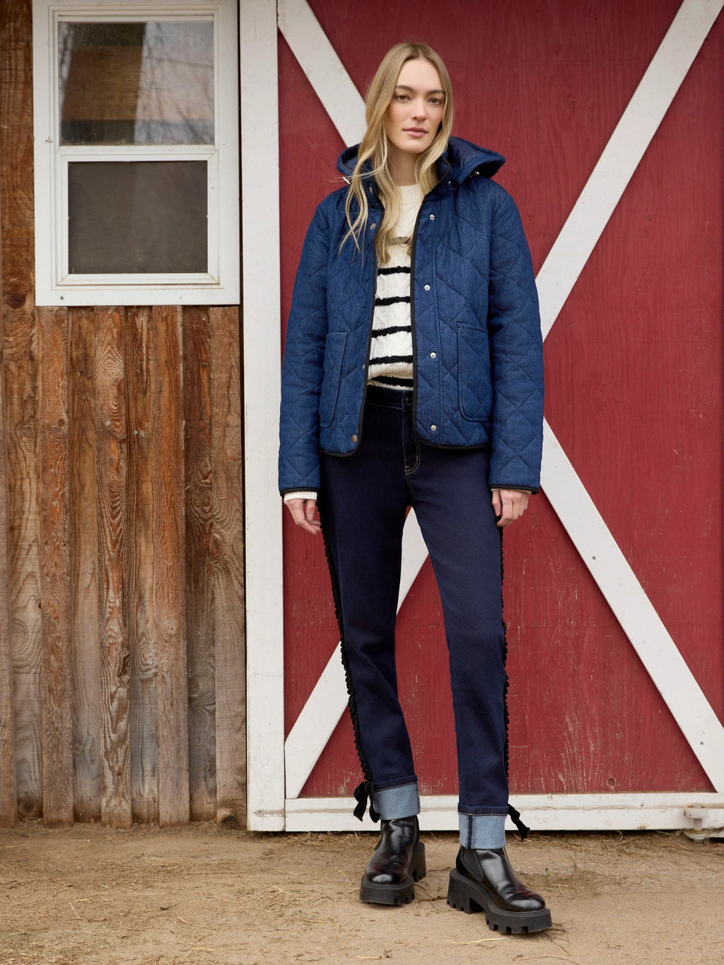 Denim Quilted Puffer Jacket With Removable Hood - Classic Blue