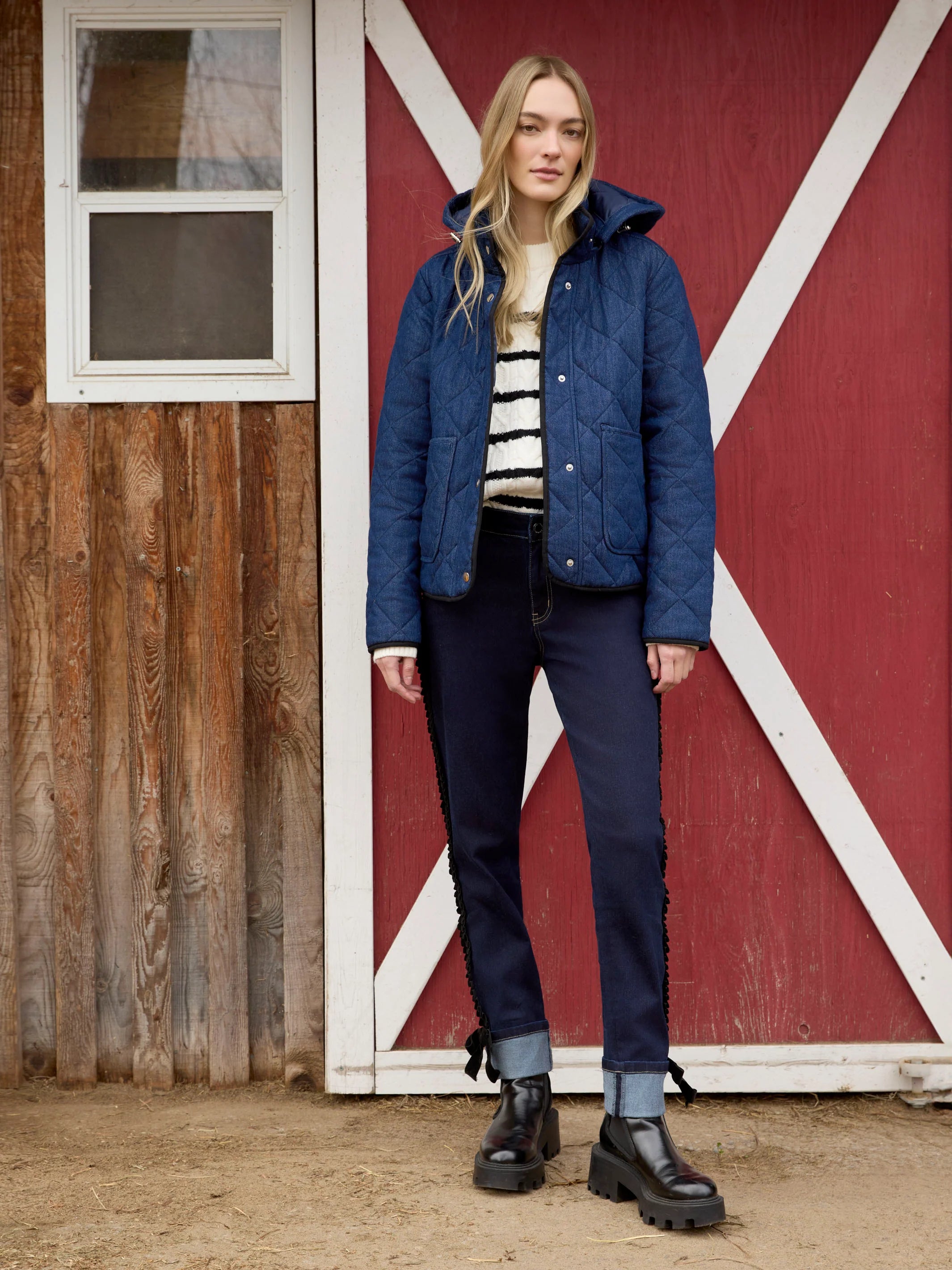 Denim Quilted Puffer Jacket With Removable Hood - Classic Blue