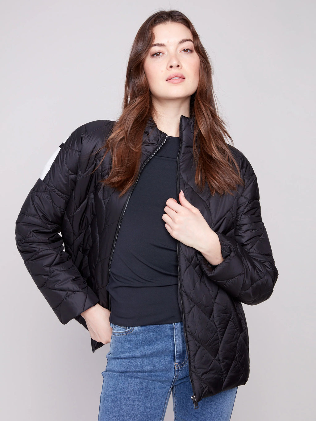 Jacquard Quilted Puffer Jacket - Black/Cream