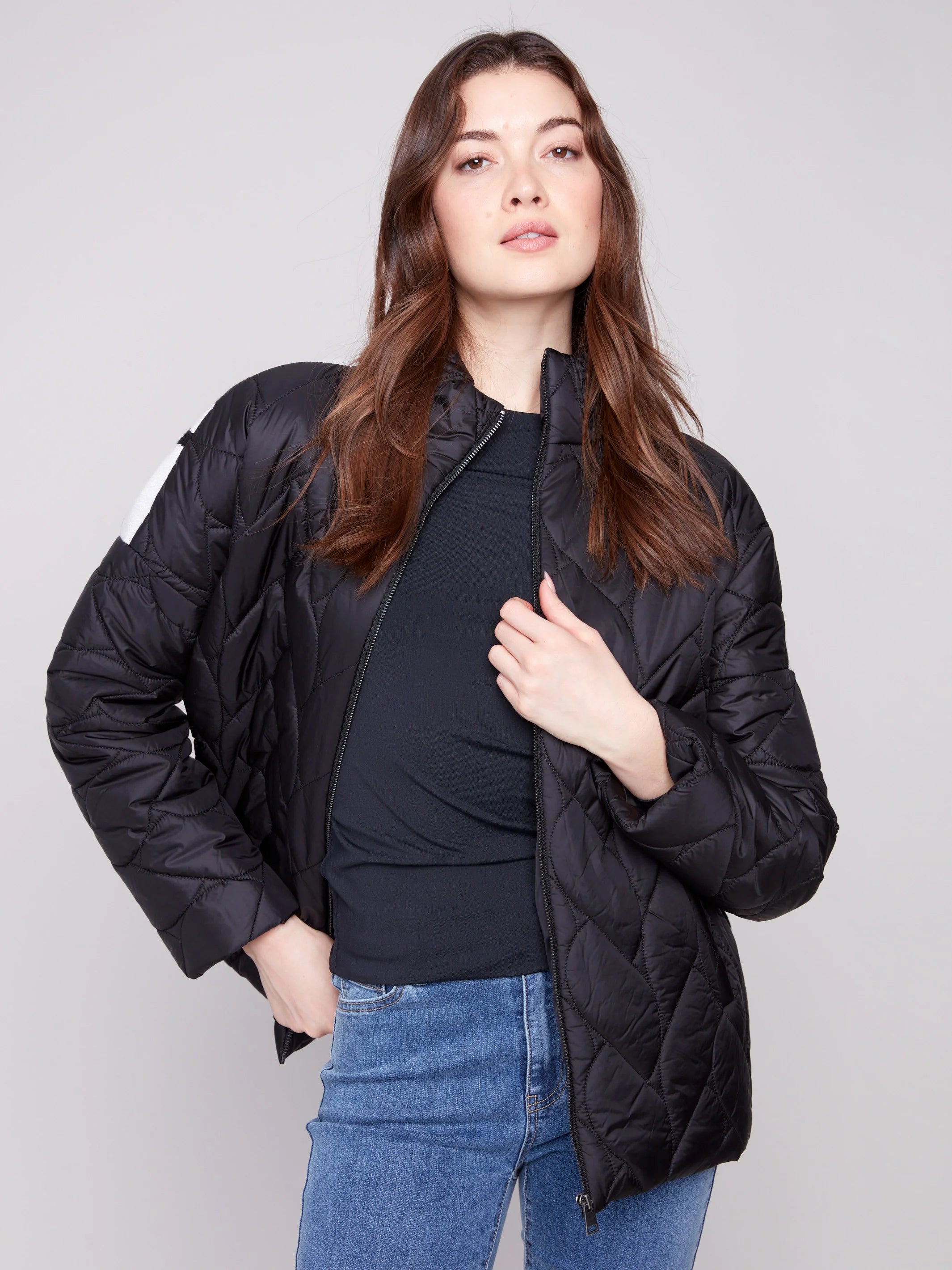 Jacquard Quilted Puffer Jacket - Black/Cream