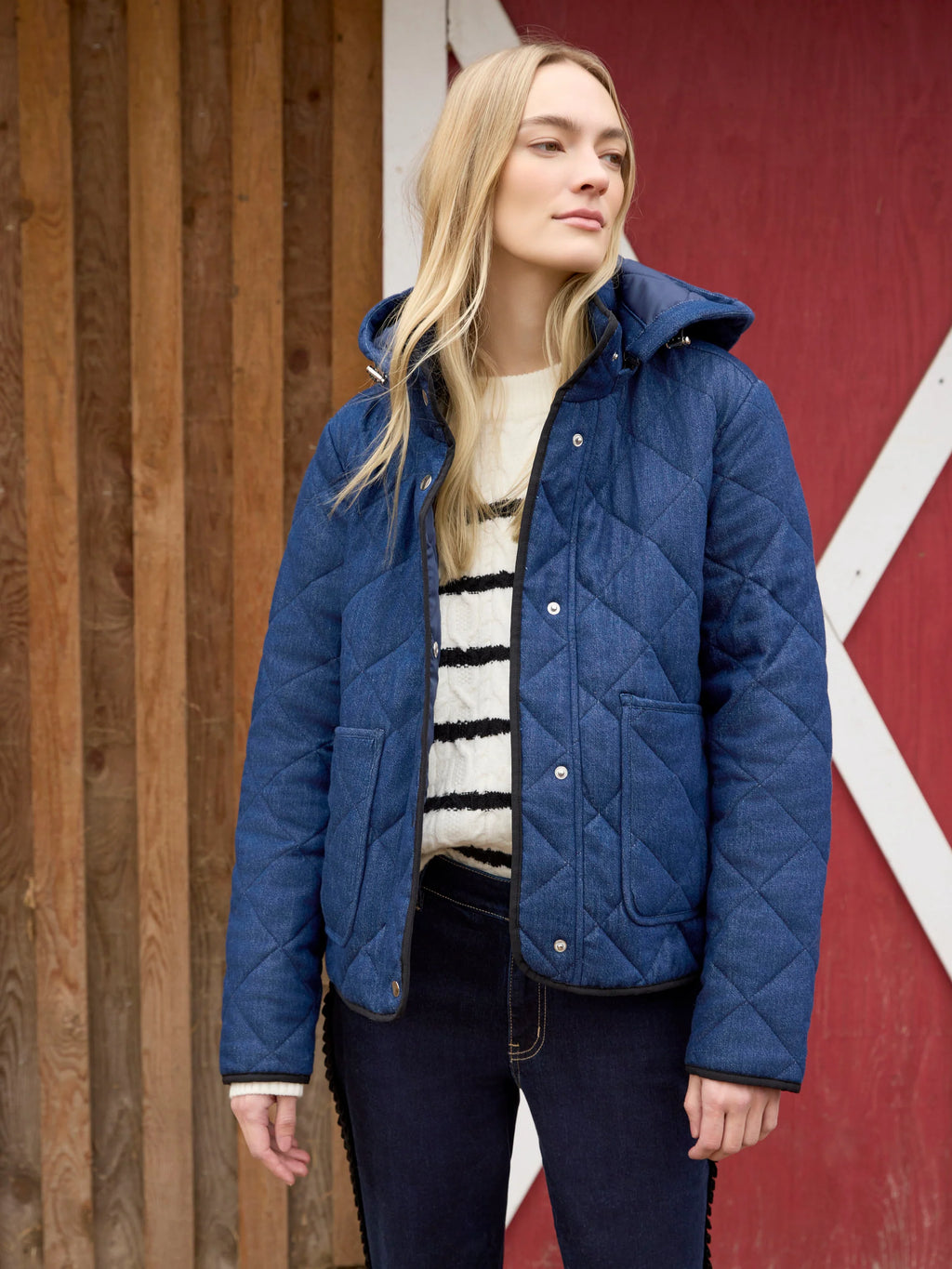 Denim Quilted Puffer Jacket With Removable Hood - Classic Blue
