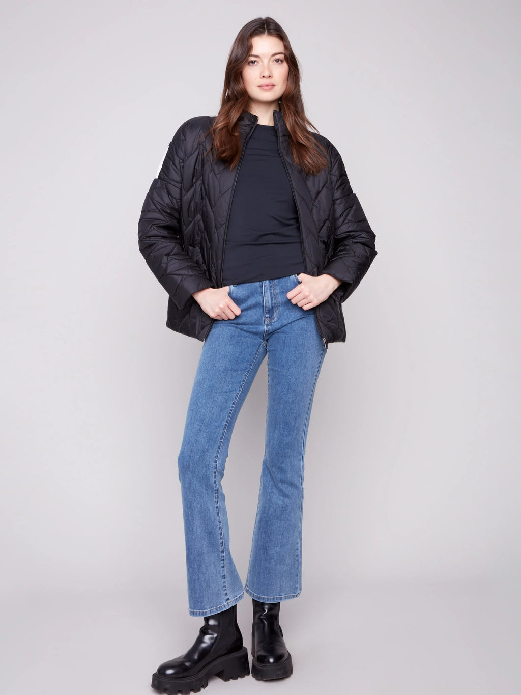 Jacquard Quilted Puffer Jacket - Black/Cream