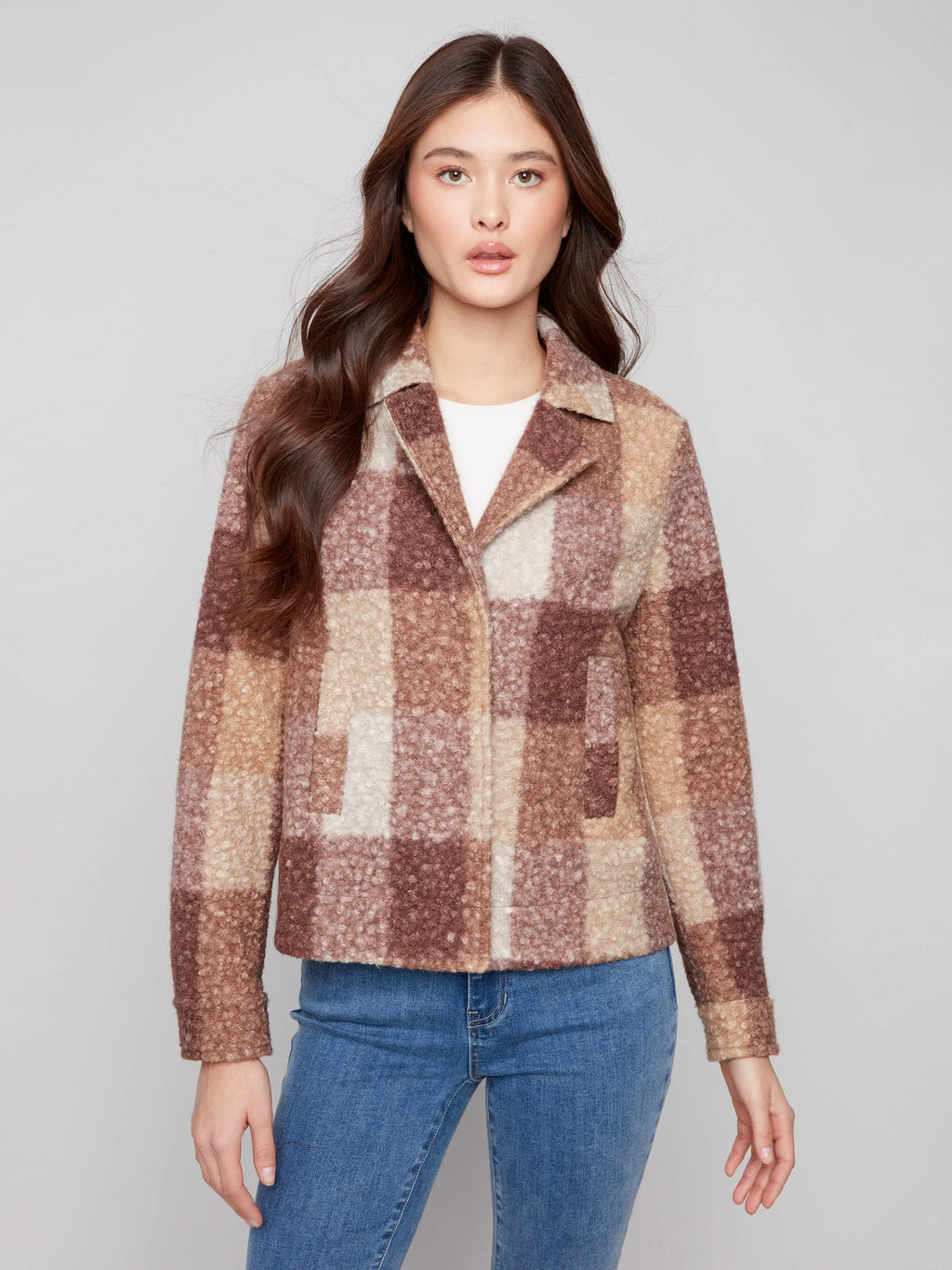 Plaid Bouclé Knit Short Coat - Mocha