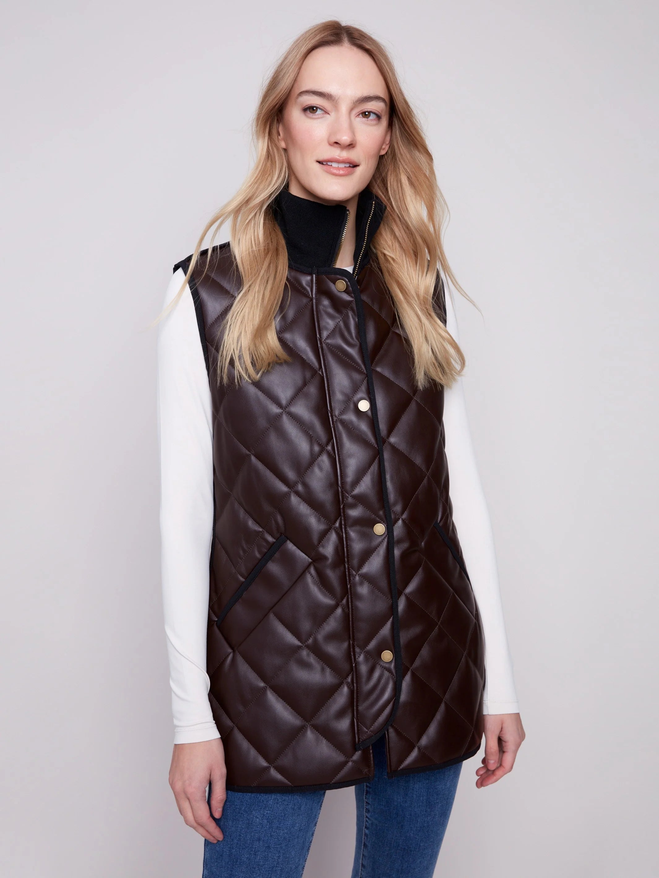Long Quilted Faux Leather Vest - Mocha