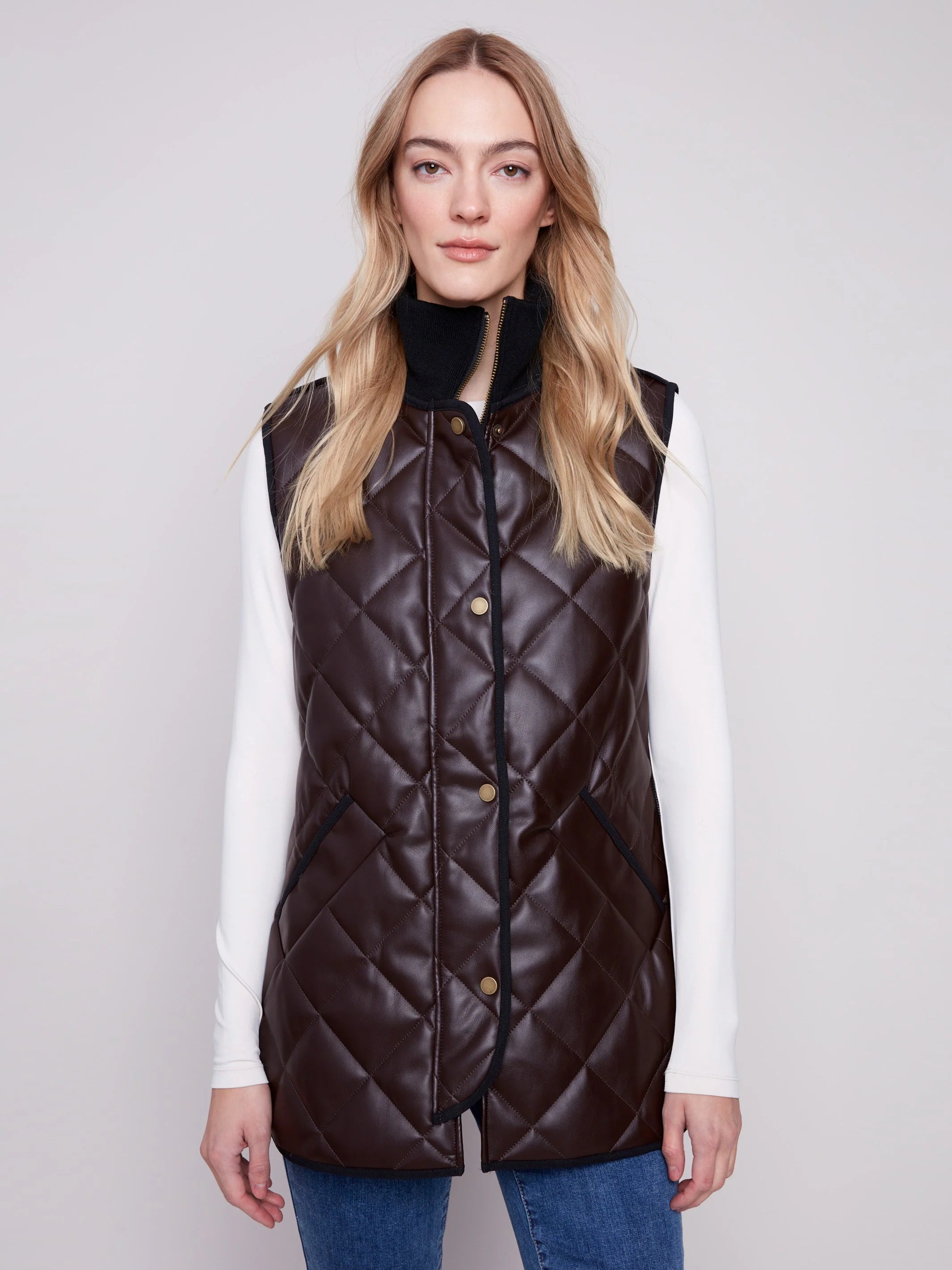 Long Quilted Faux Leather Vest - Mocha