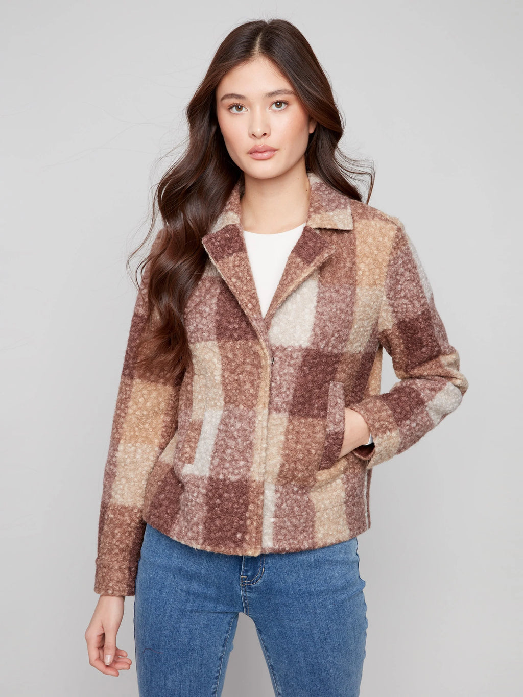 Plaid Bouclé Knit Short Coat - Mocha