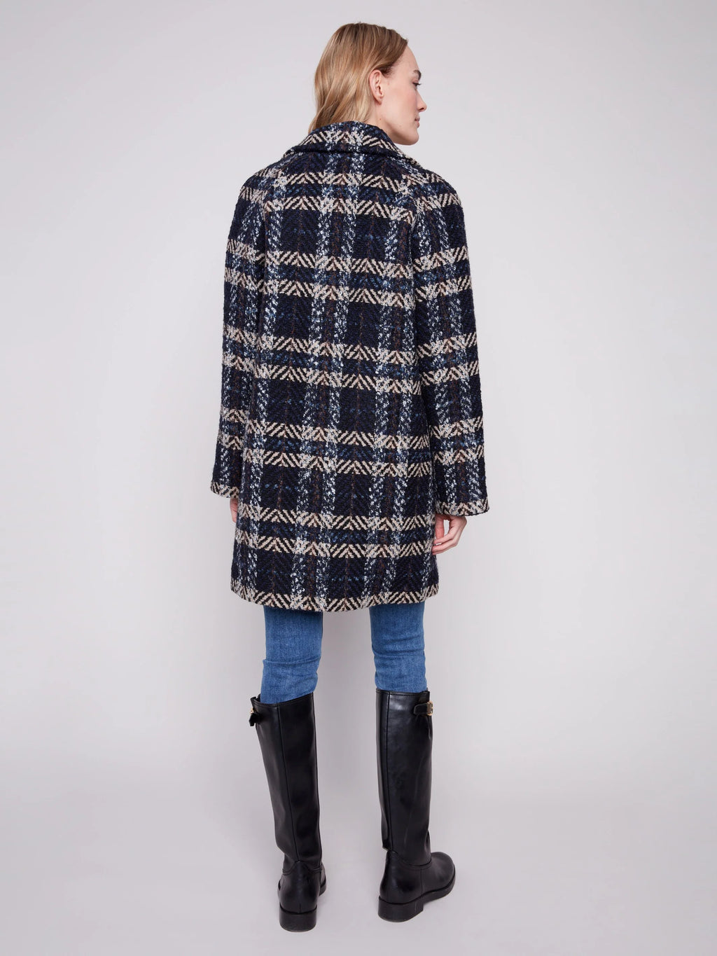 Plaid Bouclé Coat - Navy