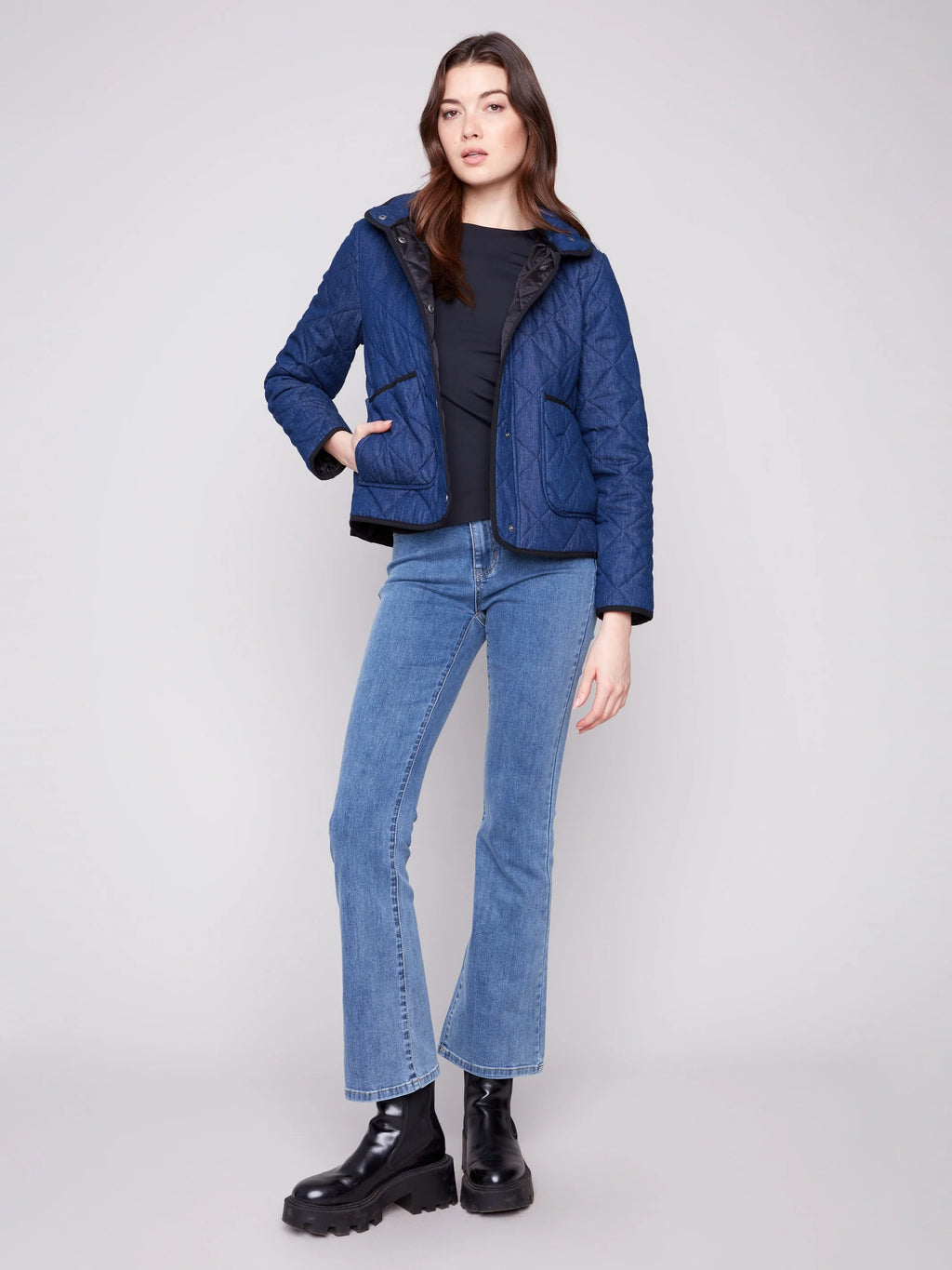 Denim Quilted Puffer Jacket With Removable Hood - Classic Blue