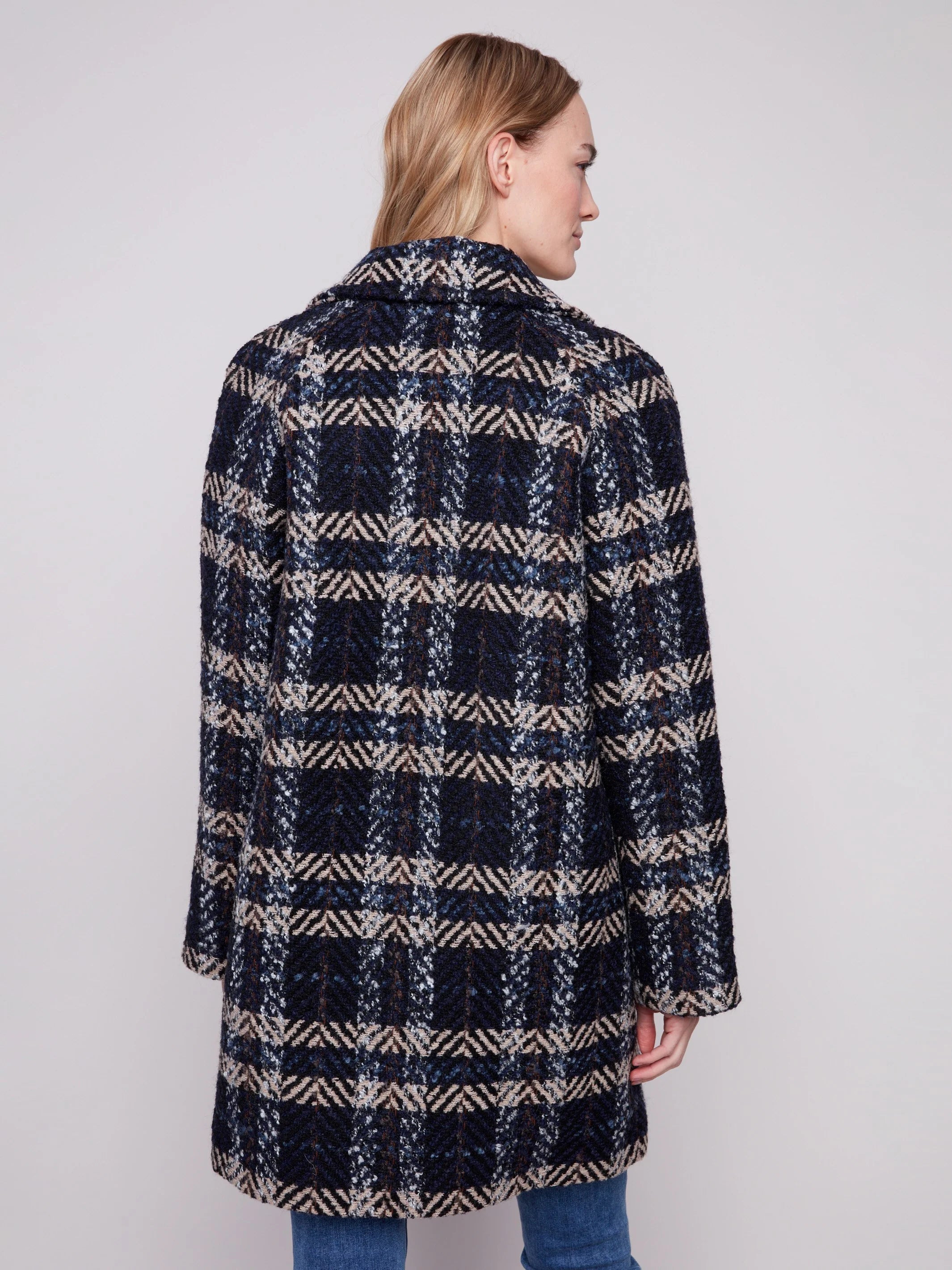 Plaid Bouclé Coat - Navy