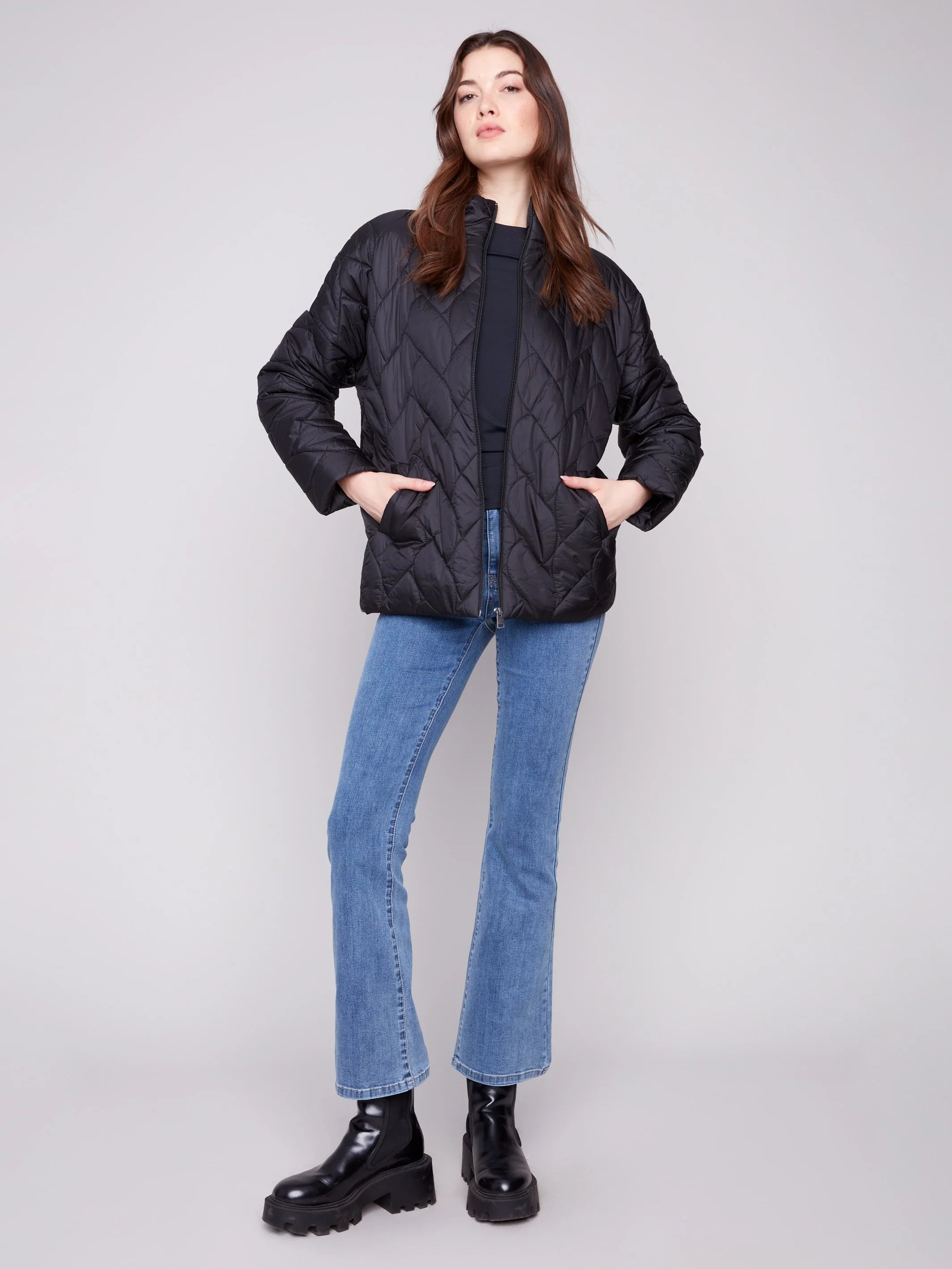 Jacquard Quilted Puffer Jacket - Black/Cream