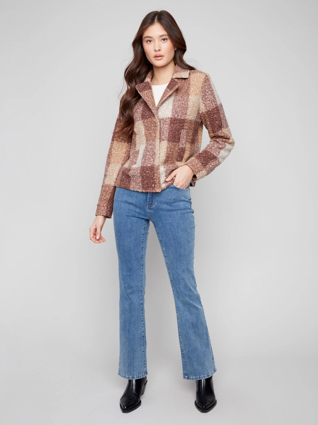 Plaid Bouclé Knit Short Coat - Mocha