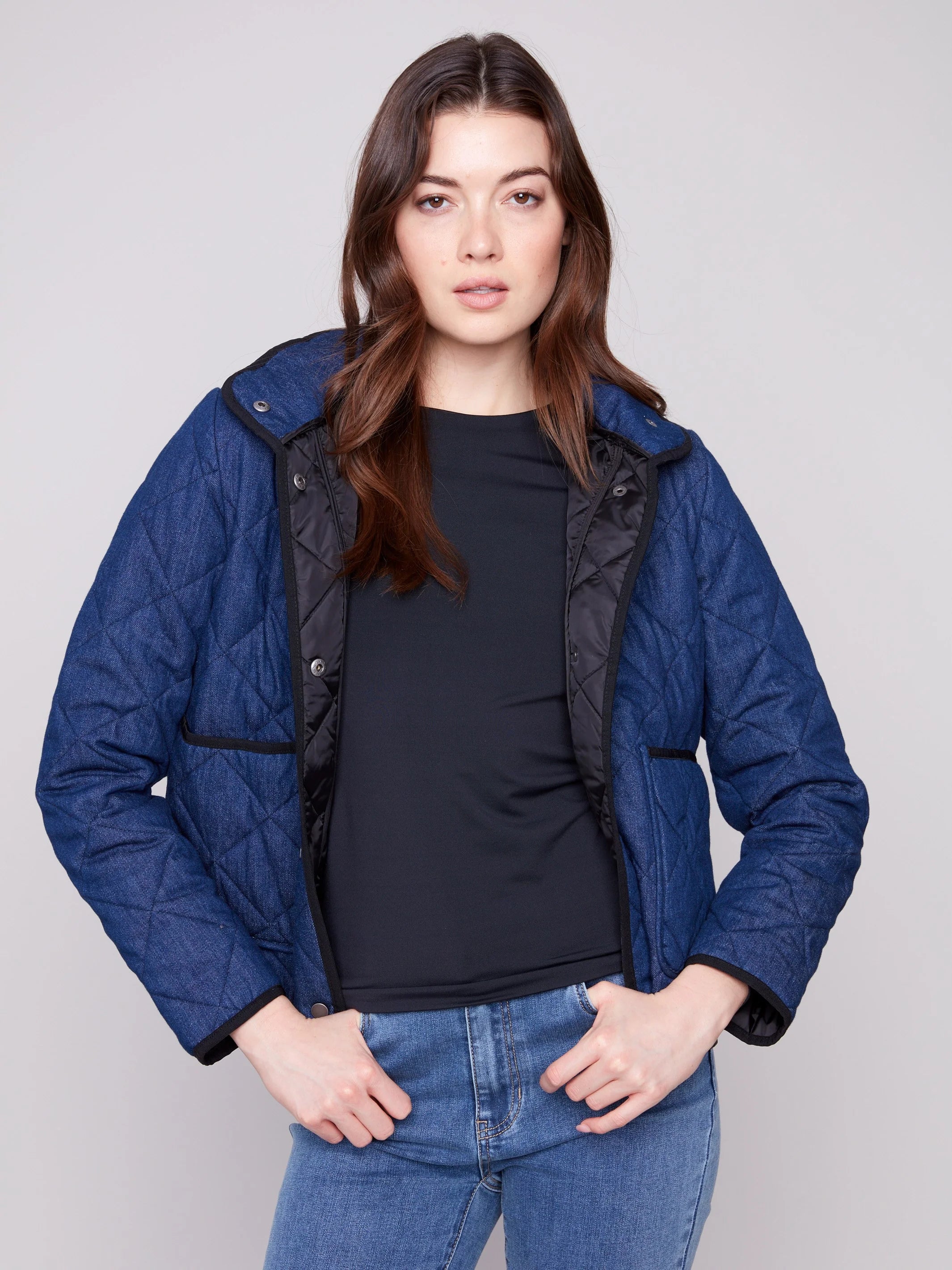 Denim Quilted Puffer Jacket With Removable Hood - Classic Blue