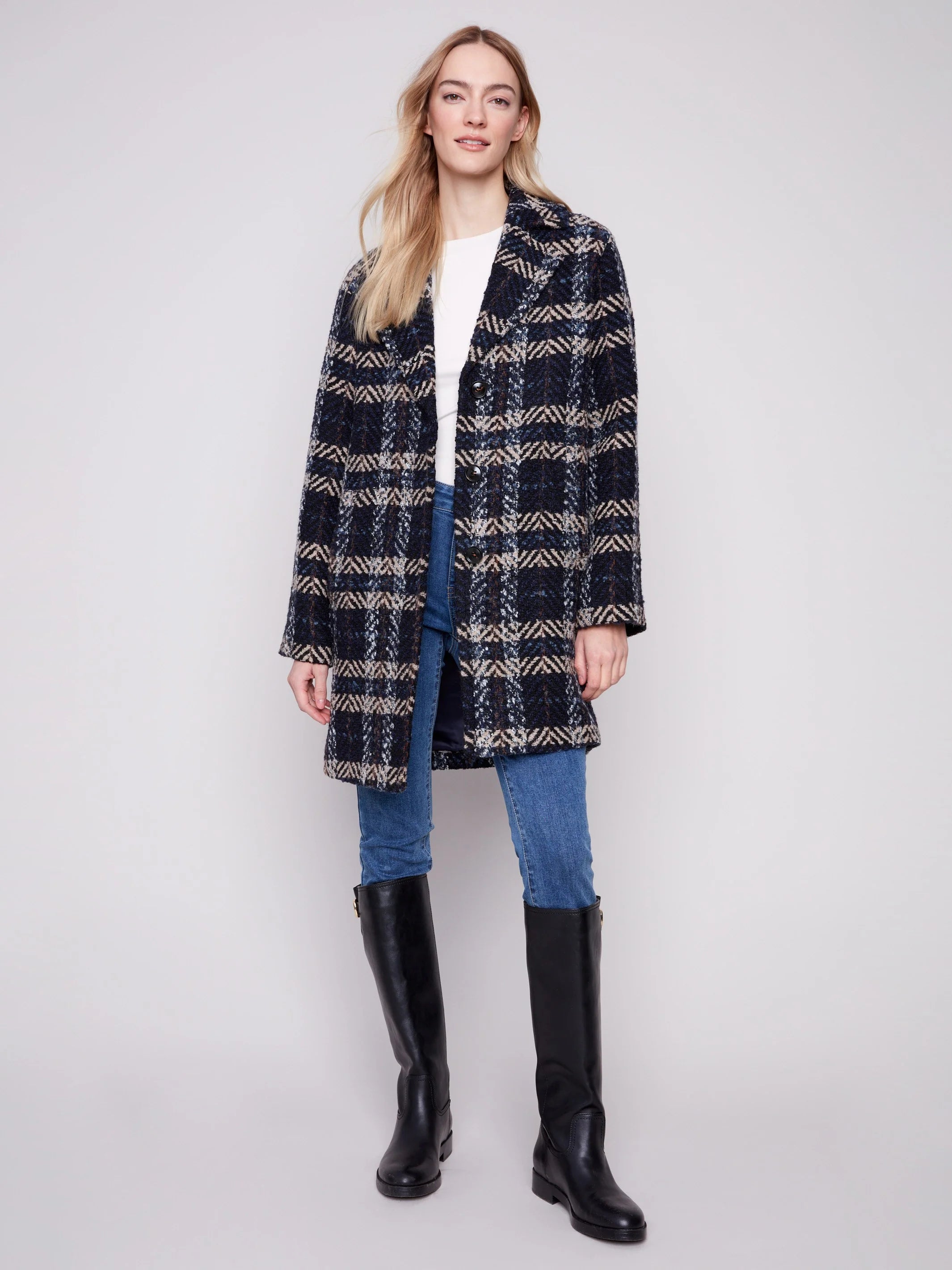 Plaid Bouclé Coat - Navy
