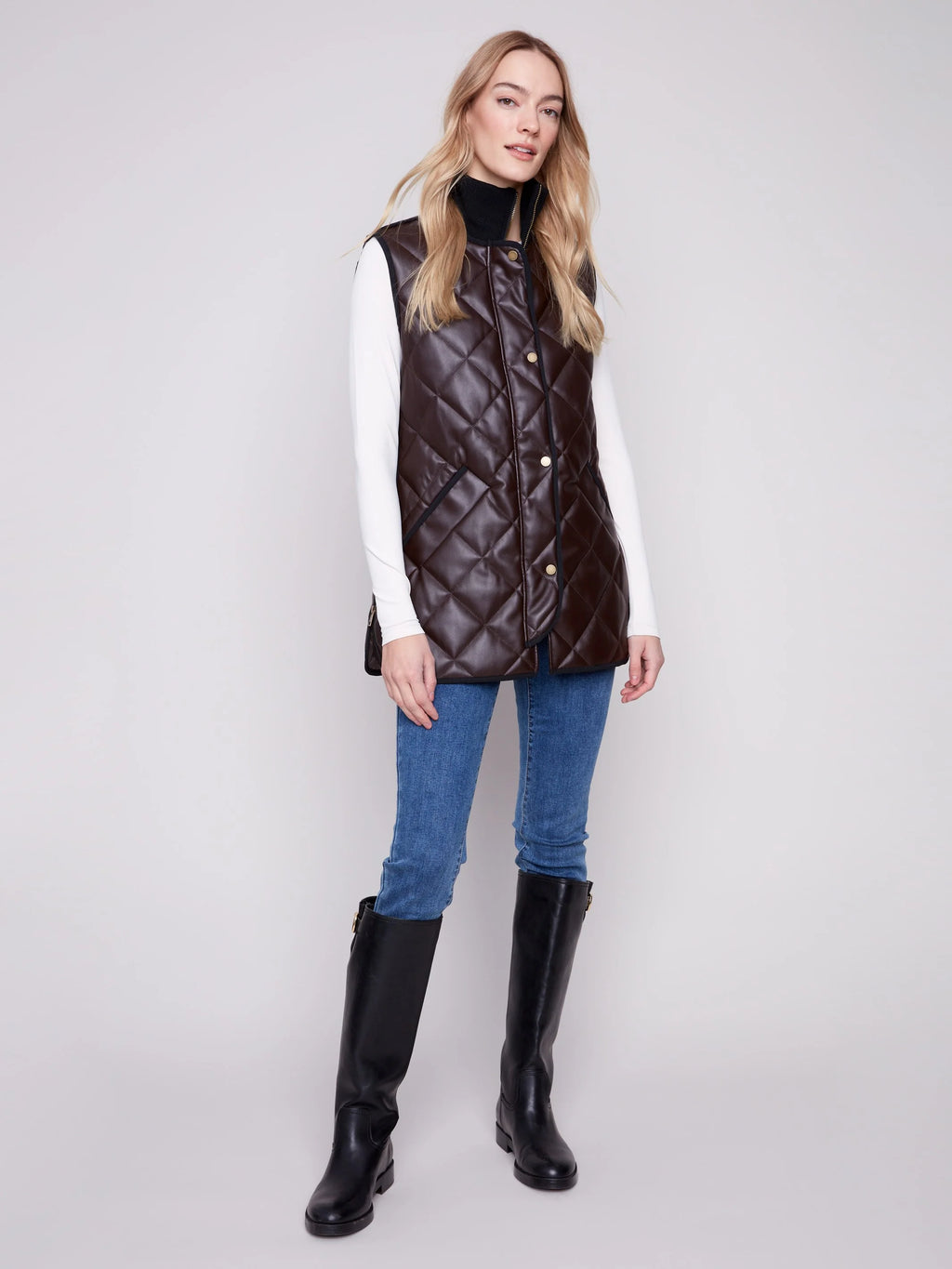 Long Quilted Faux Leather Vest - Mocha