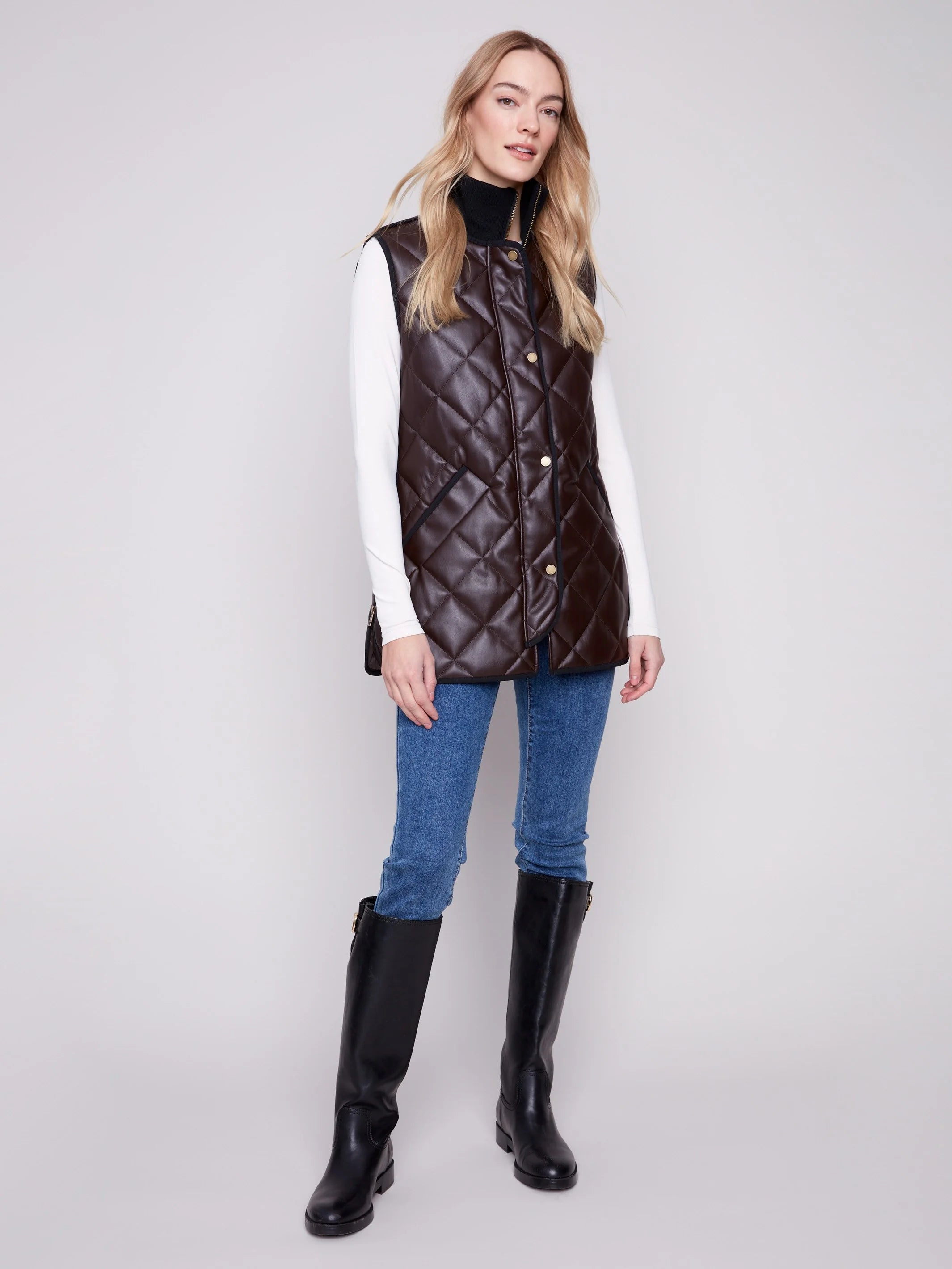 Long Quilted Faux Leather Vest - Mocha