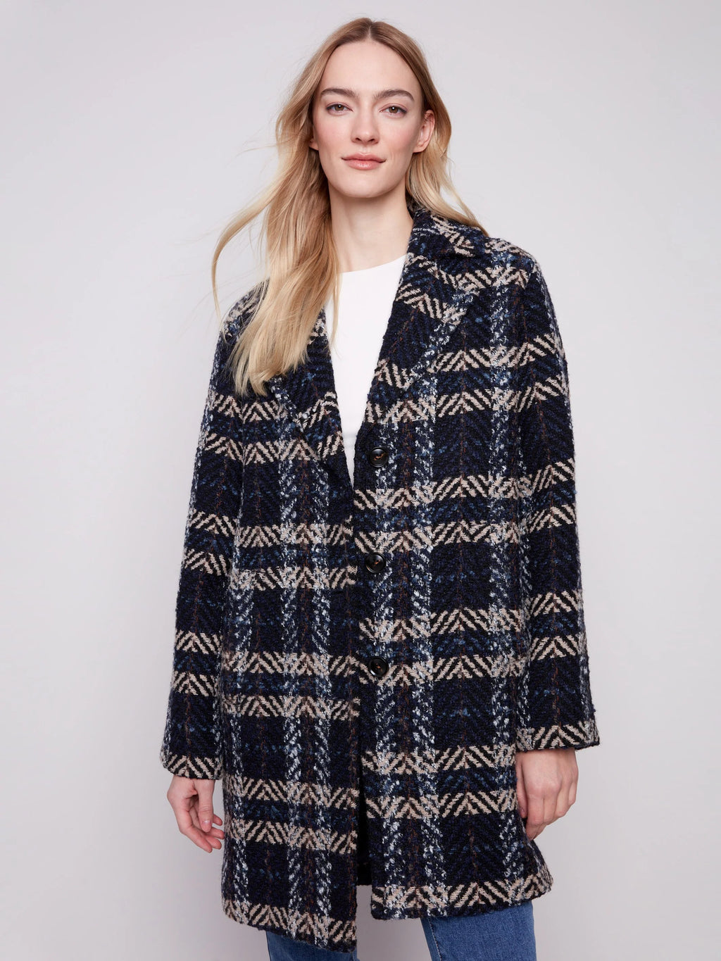 Plaid Bouclé Coat - Navy