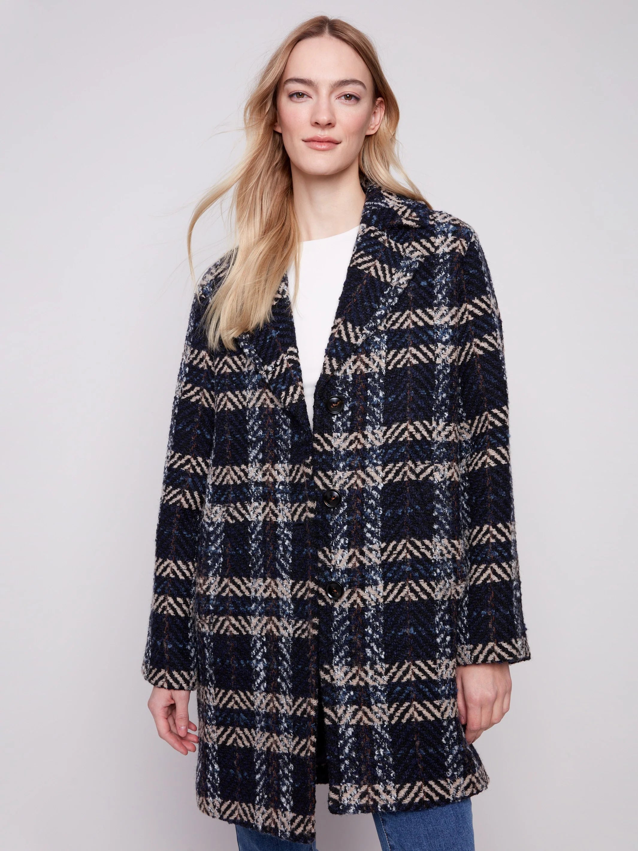 Plaid Bouclé Coat - Navy