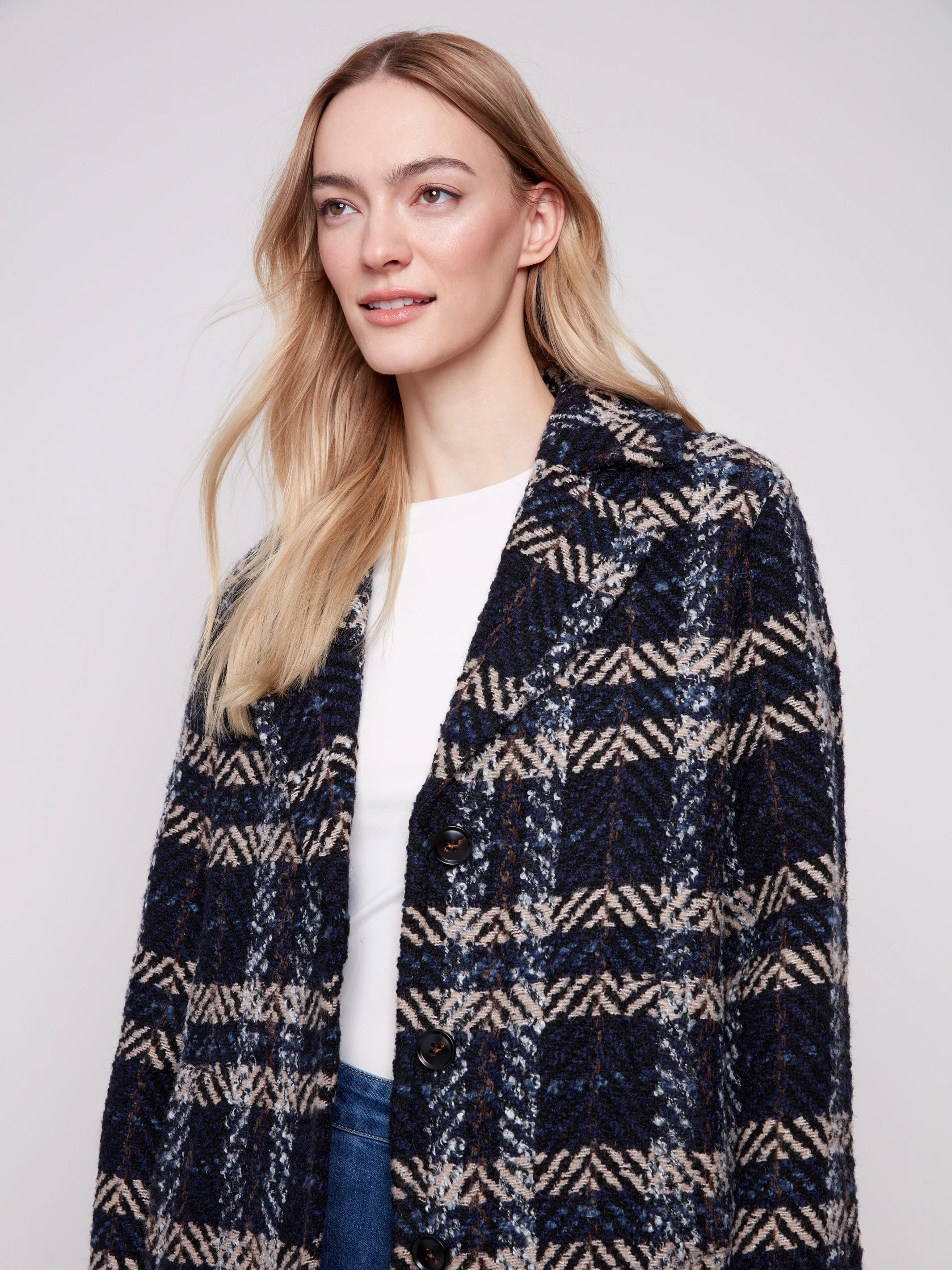 Plaid Bouclé Coat - Navy