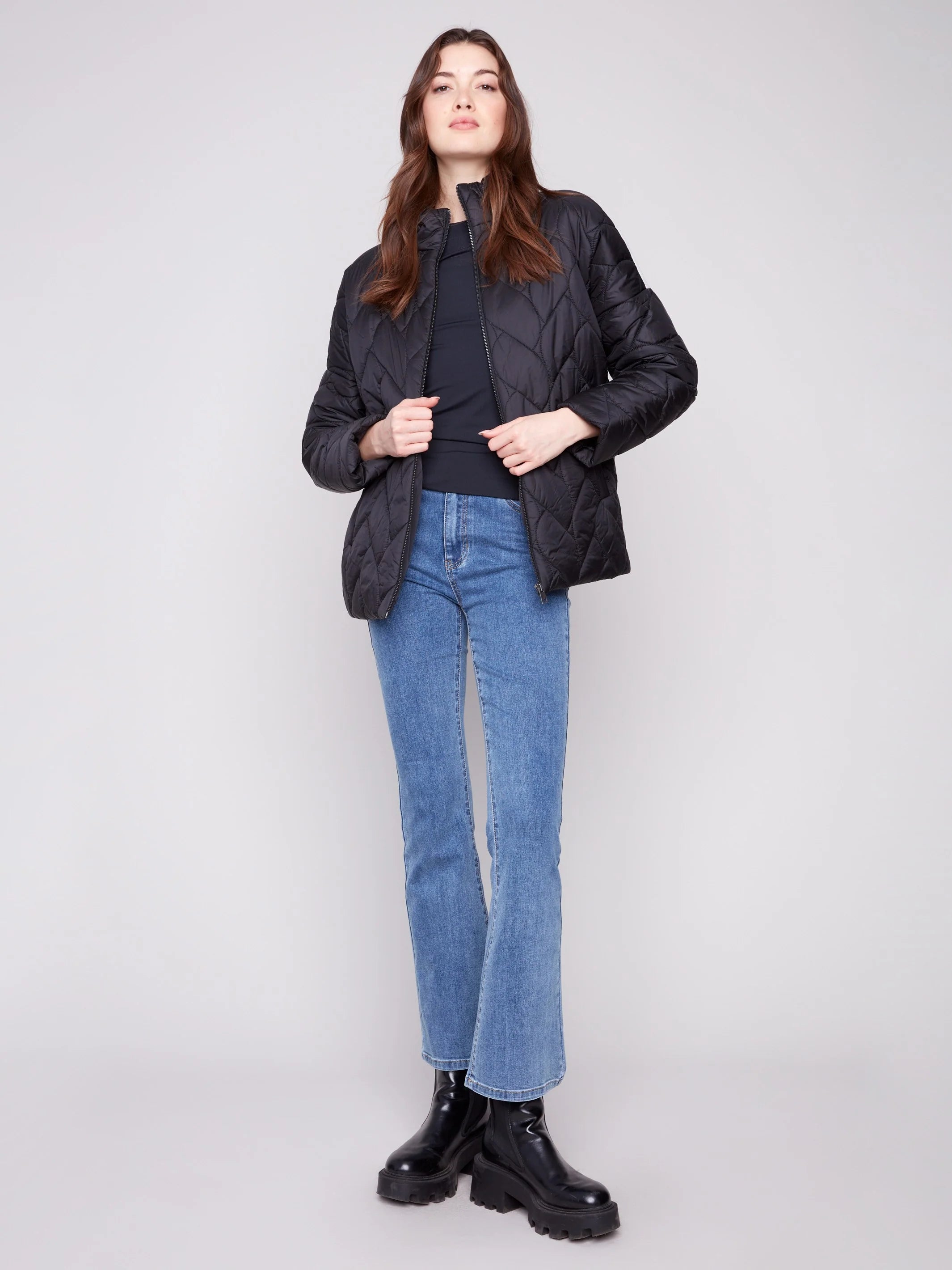 Jacquard Quilted Puffer Jacket - Black/Cream