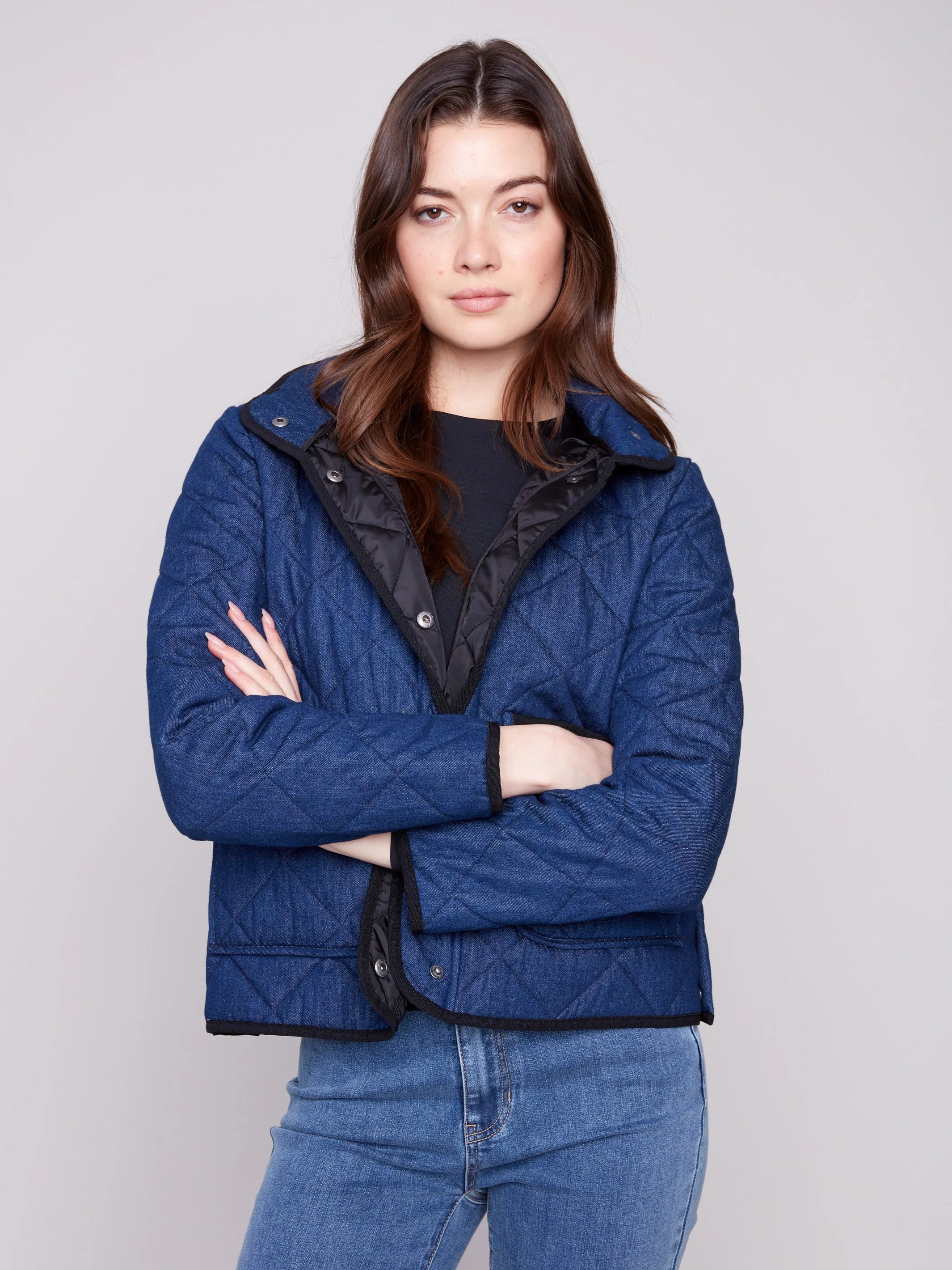 Denim Quilted Puffer Jacket With Removable Hood - Classic Blue