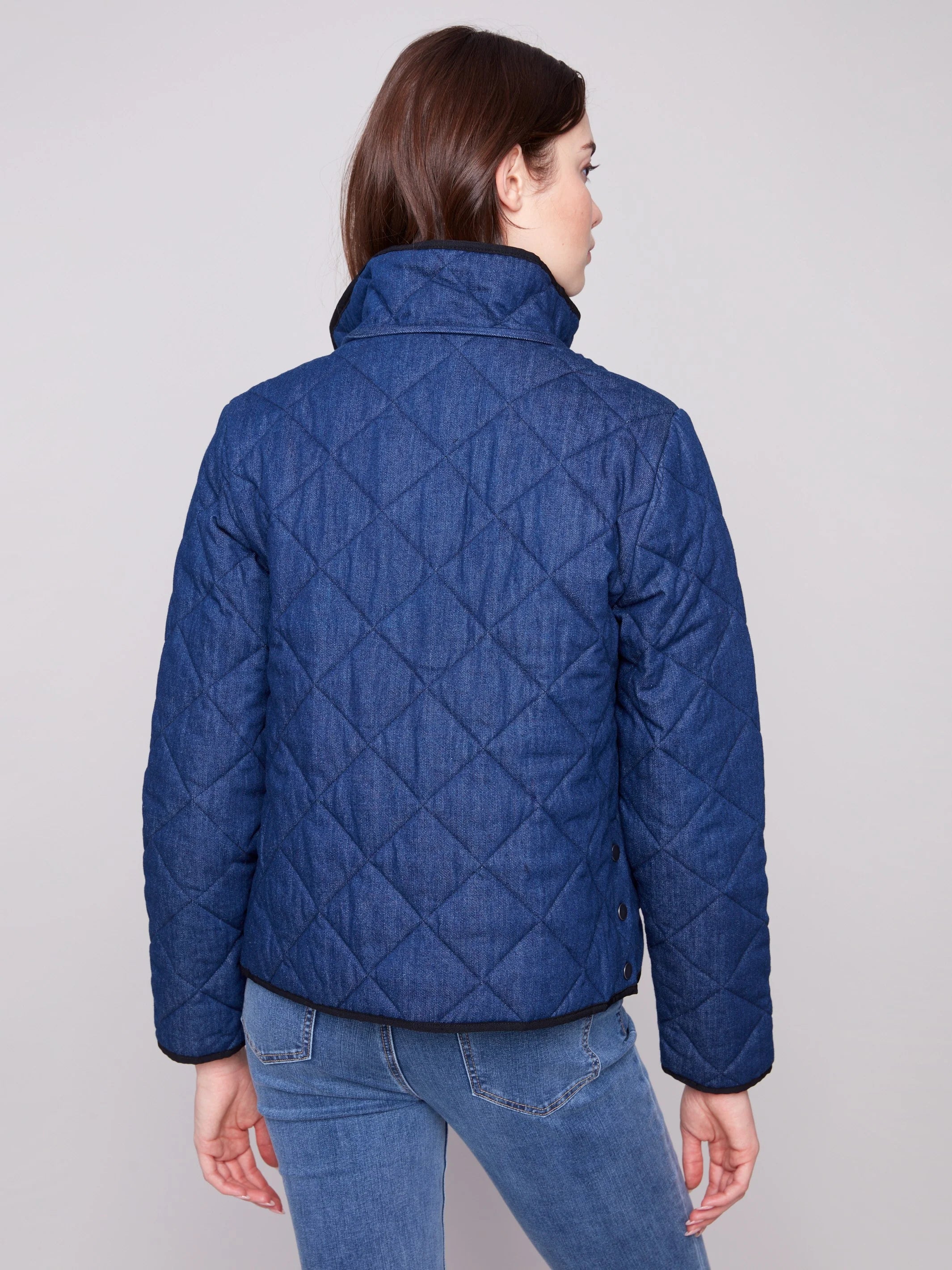 Denim Quilted Puffer Jacket With Removable Hood - Classic Blue