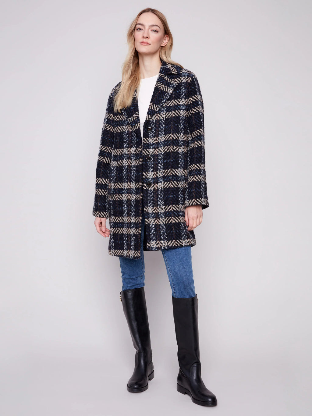 Plaid Bouclé Coat - Navy