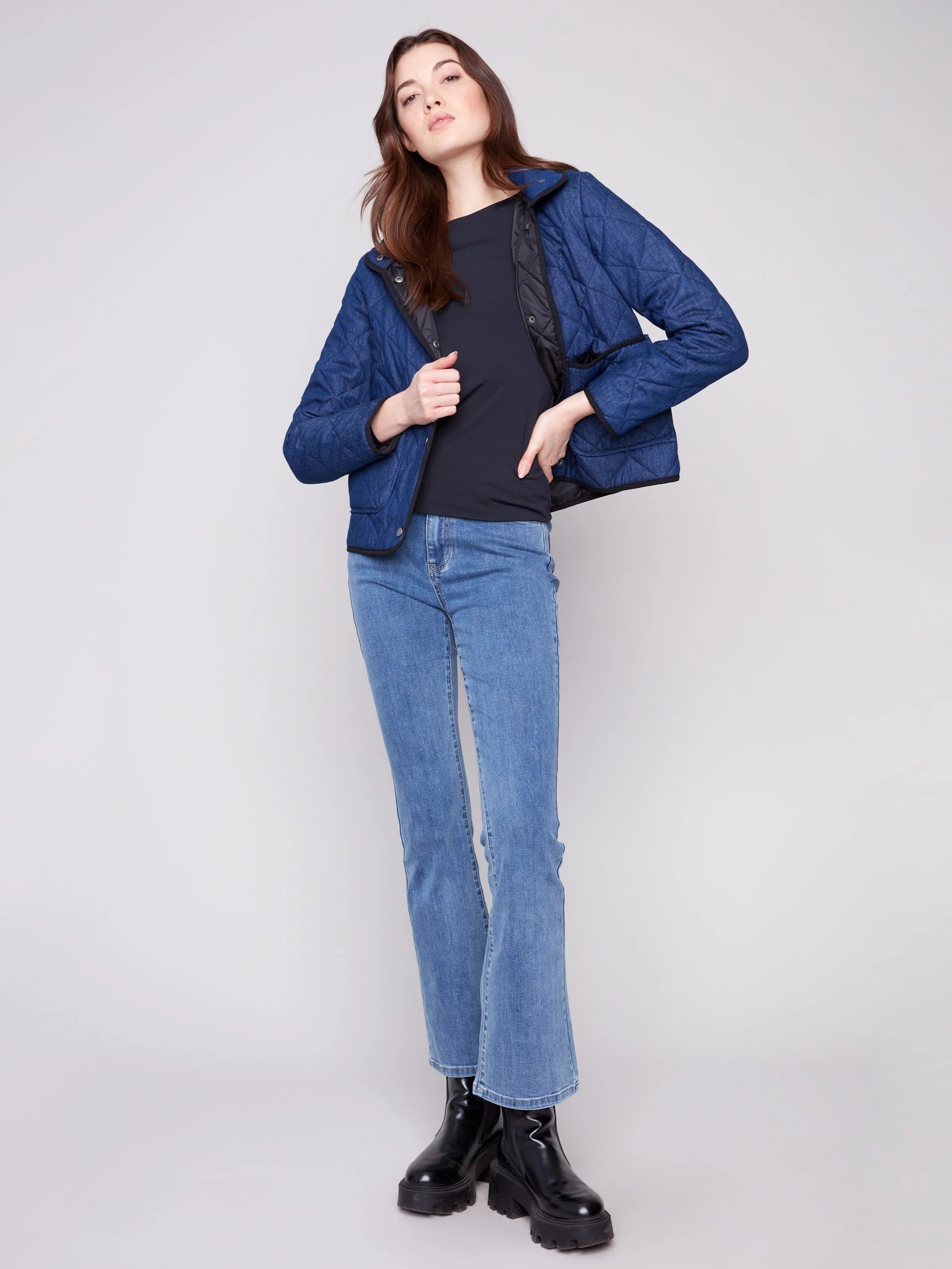 Denim Quilted Puffer Jacket With Removable Hood - Classic Blue