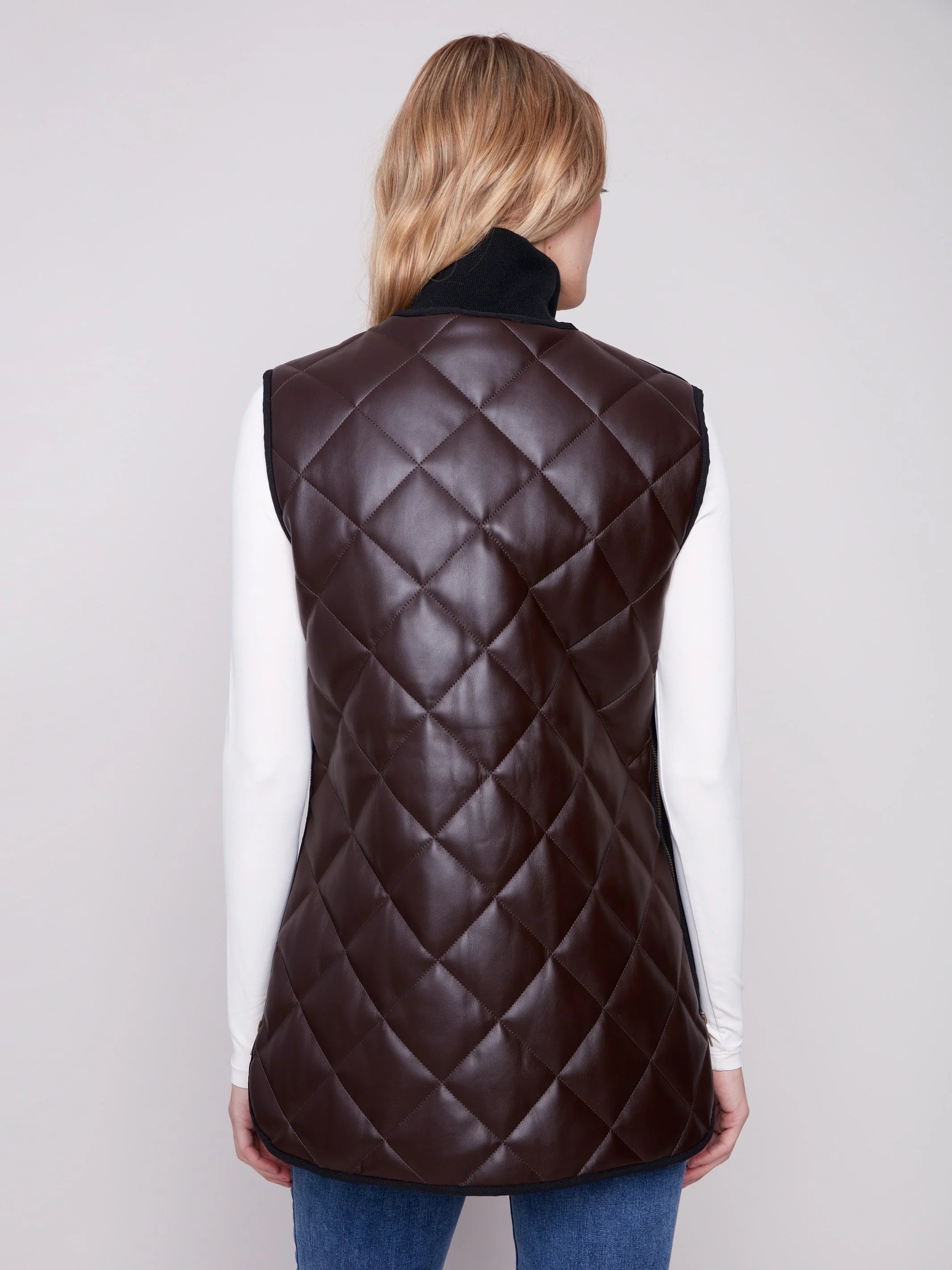 Long Quilted Faux Leather Vest - Mocha