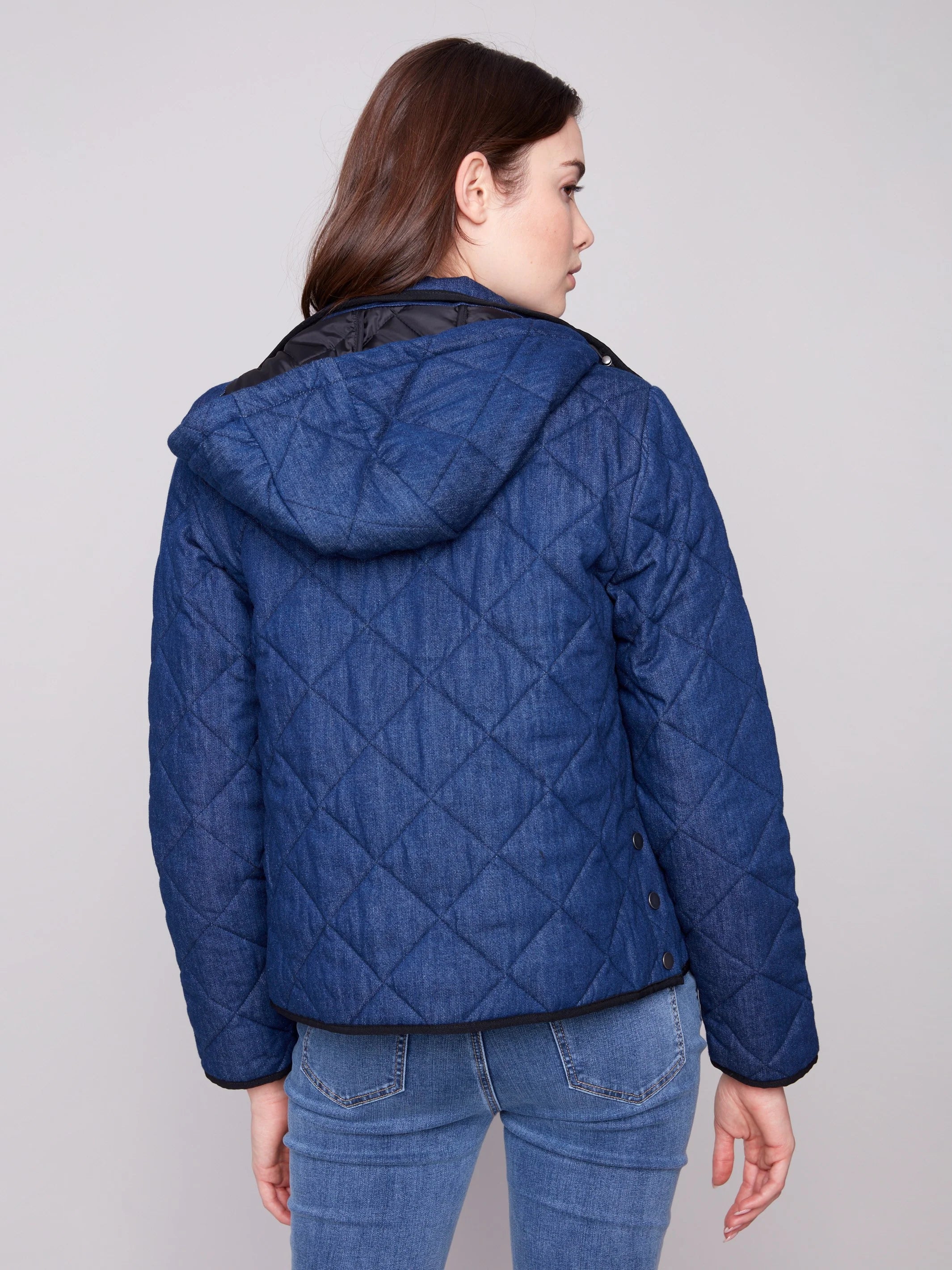 Denim Quilted Puffer Jacket With Removable Hood - Classic Blue