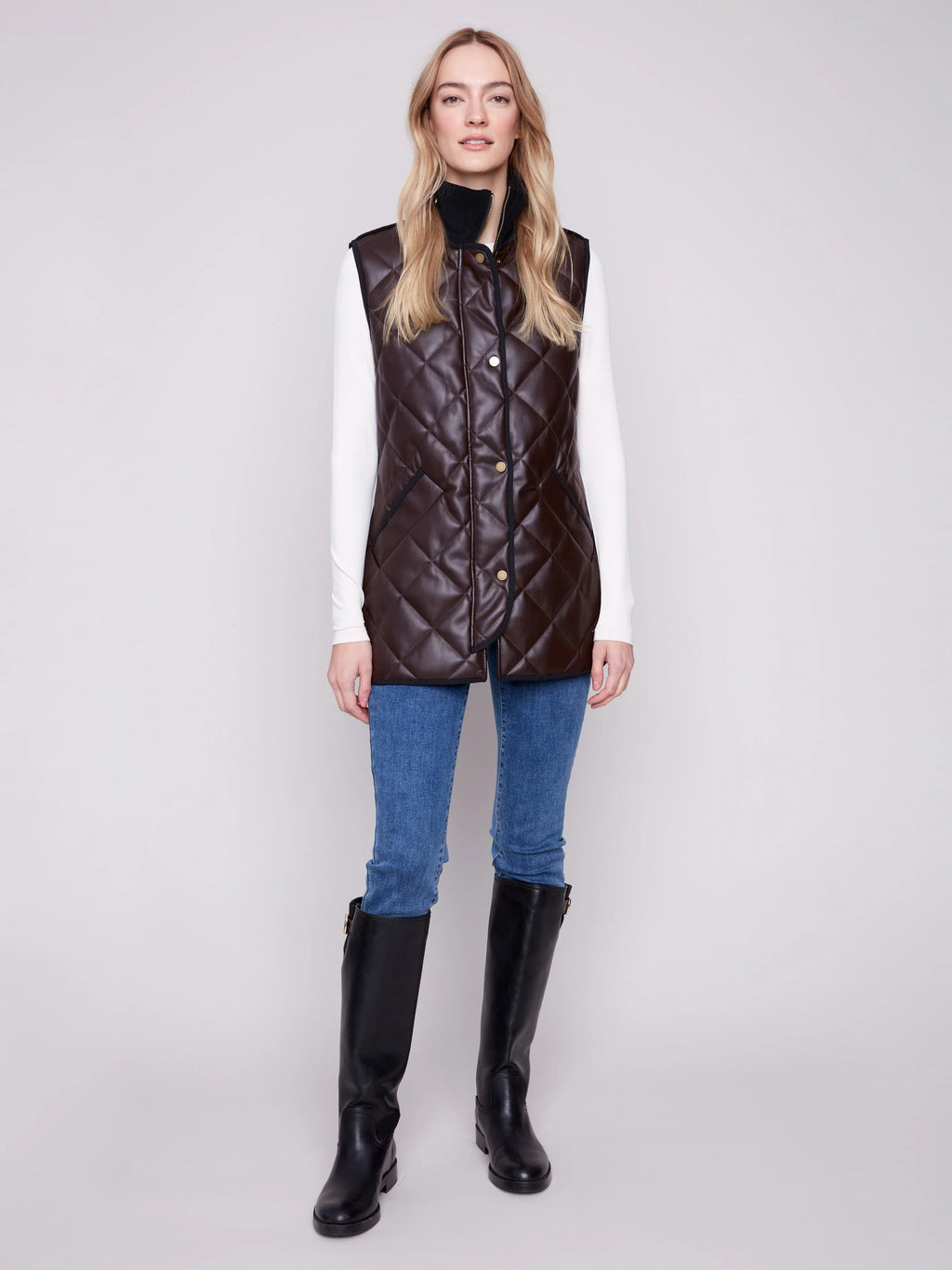 Long Quilted Faux Leather Vest - Mocha