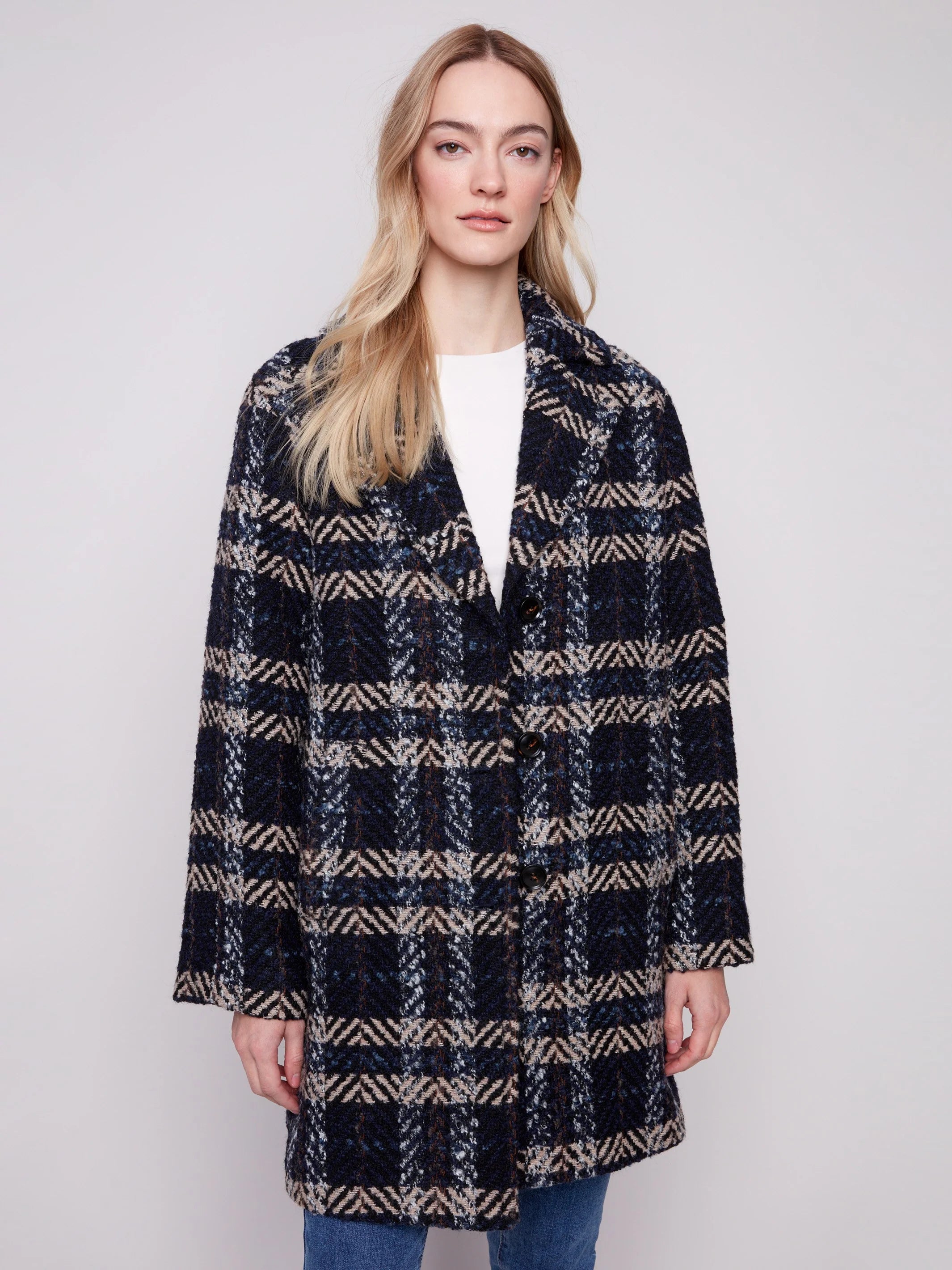Plaid Bouclé Coat - Navy